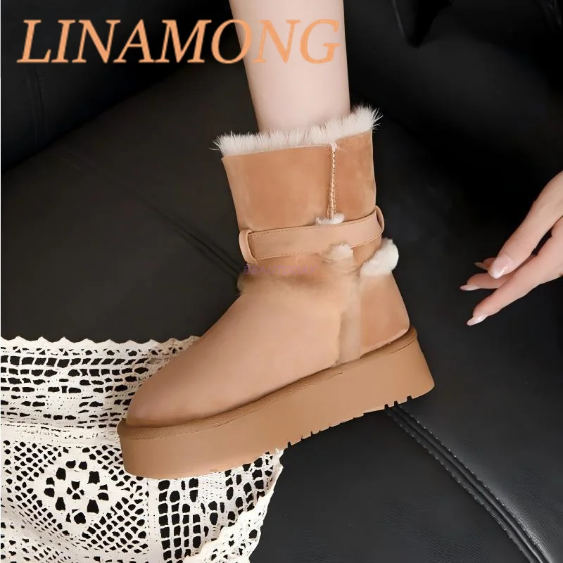 Suede Belt Buckle Snow Boots Simple Style Splicing Design Sleeve and Fleece Warm Thick Sole Height Increasing Short Boots