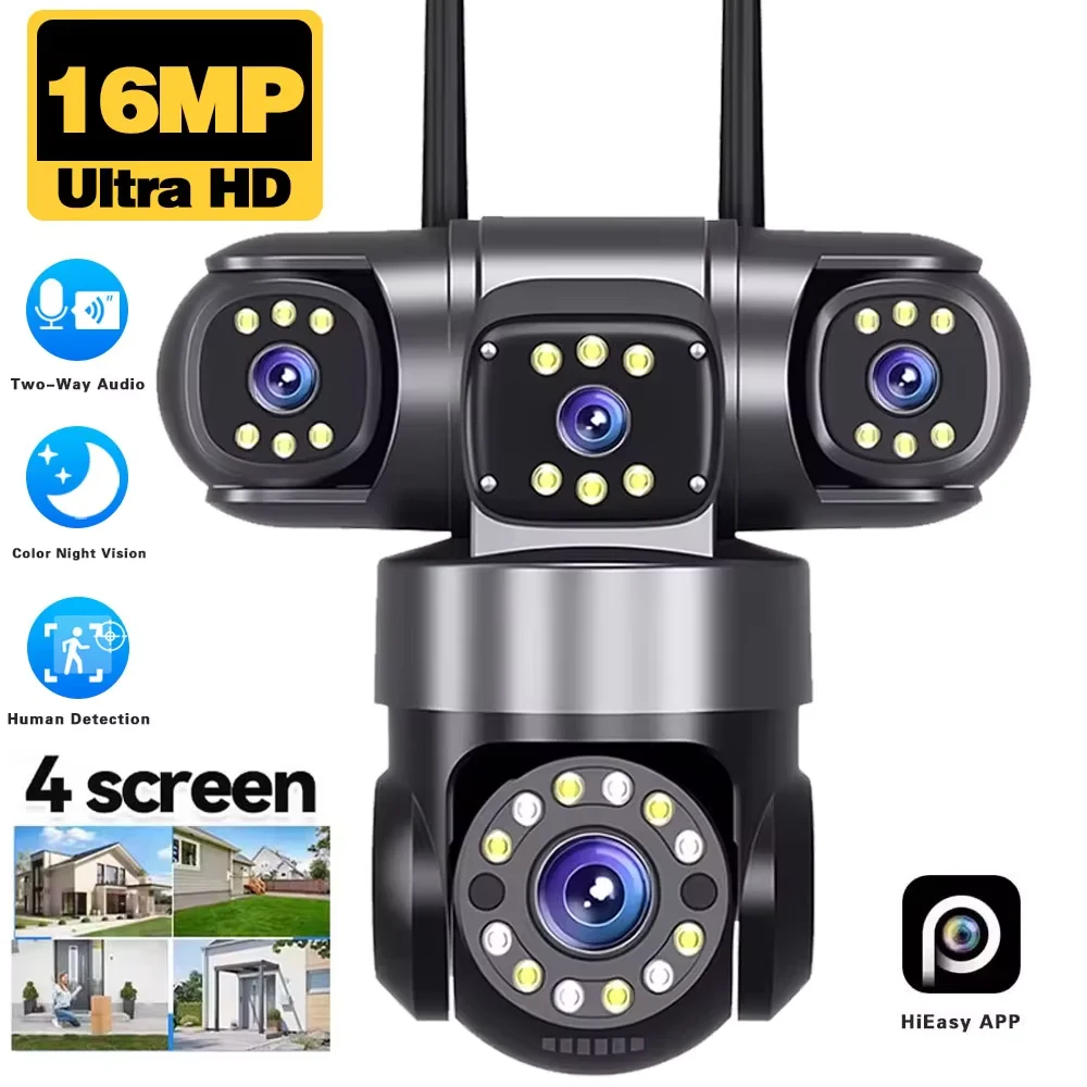 

16MP 4-Lens Outdoor WiFi Security Camera – 4-Screen Display, 360° PTZ 16X Zoom, Auto Tracking, Two-Way Audio, HiEasy App & CCTV