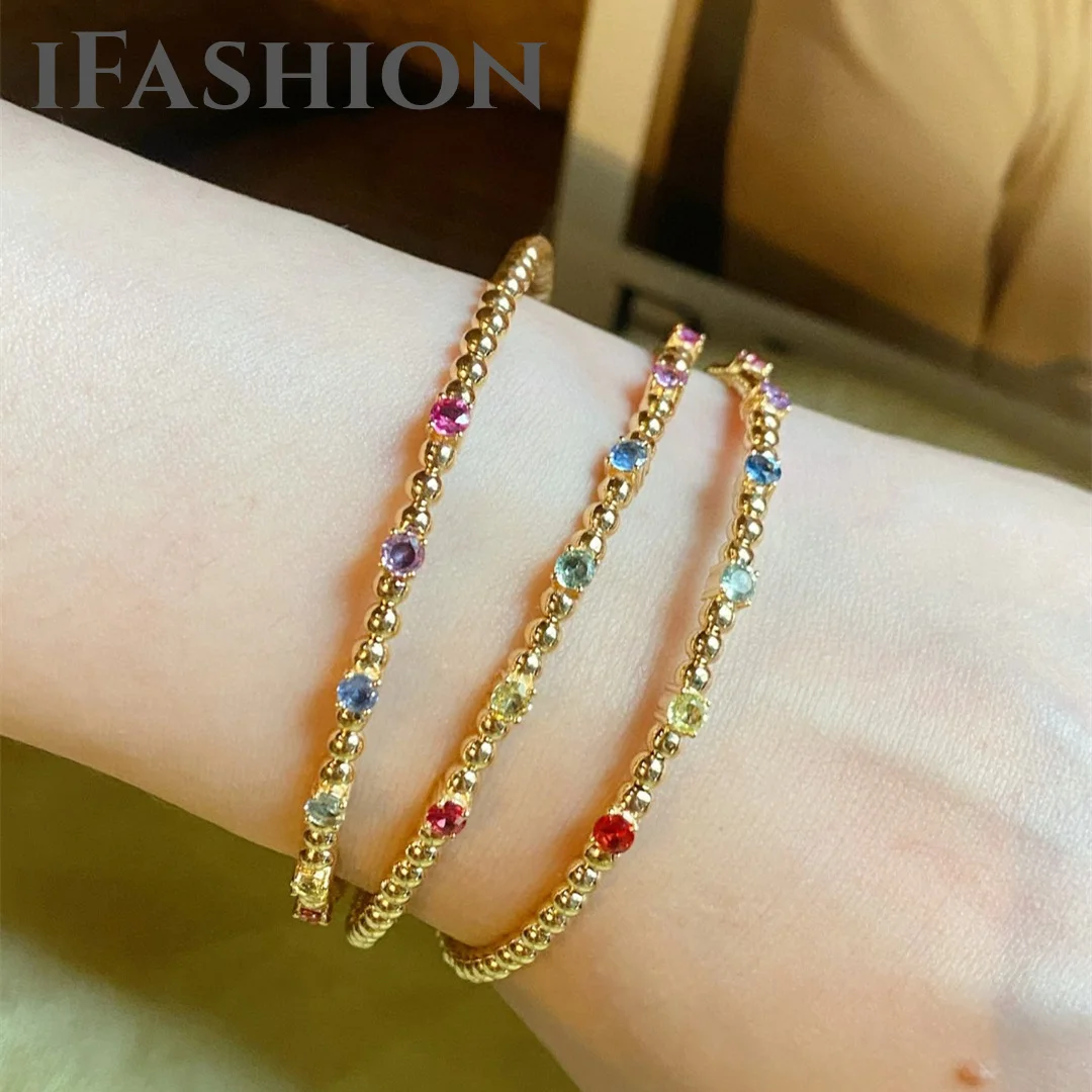 

IFASHION Real 18K Gold Colorful Gemstone Gold Bead Elastic Bracelet Style Pure AU750 For Women Weddings Fine Jewelry Gift