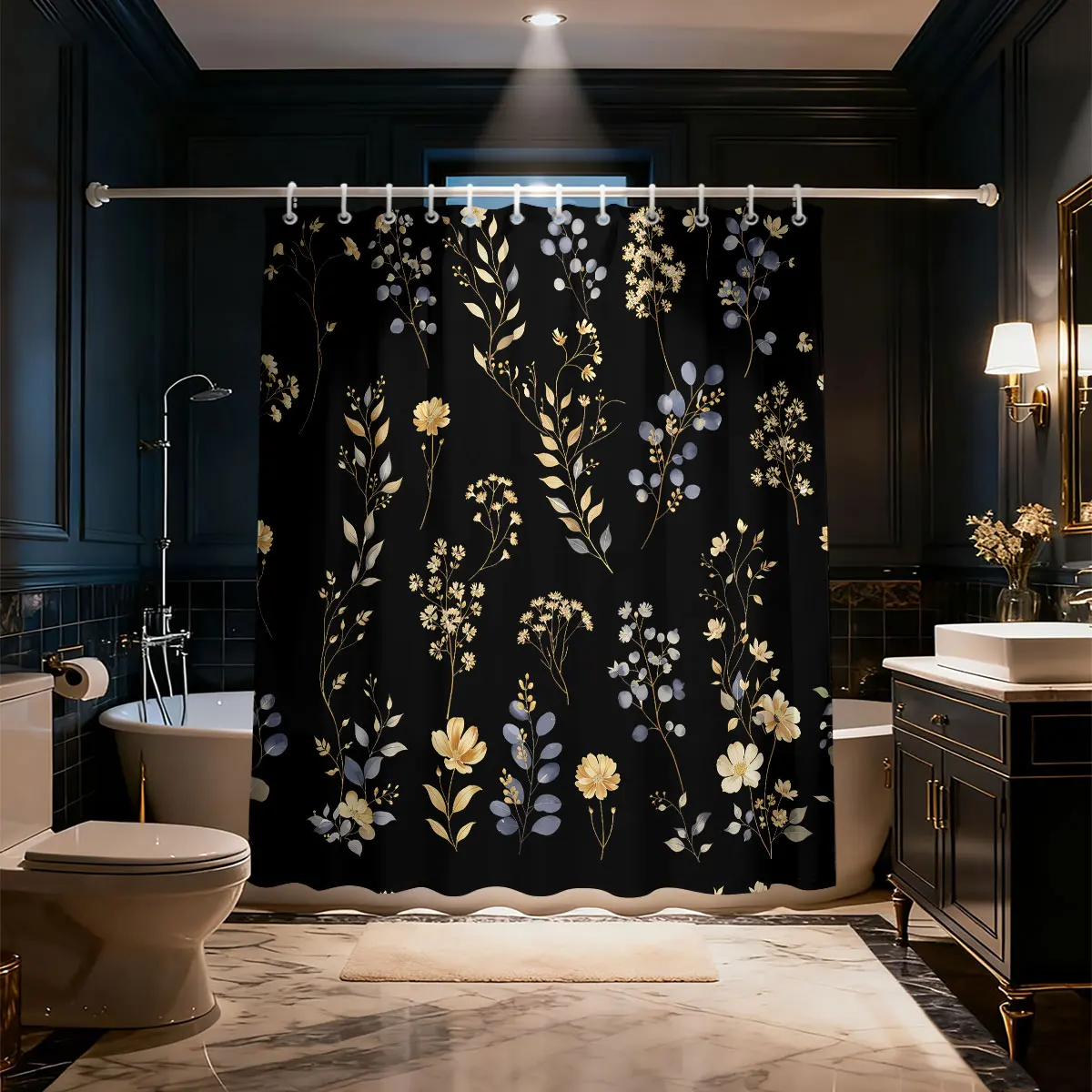 

1pc Retro Black Floral Print Shower Curtain Multiple Size Privacy Partition Hanging Curtain 12 Hooks Home Bathroom Decoration