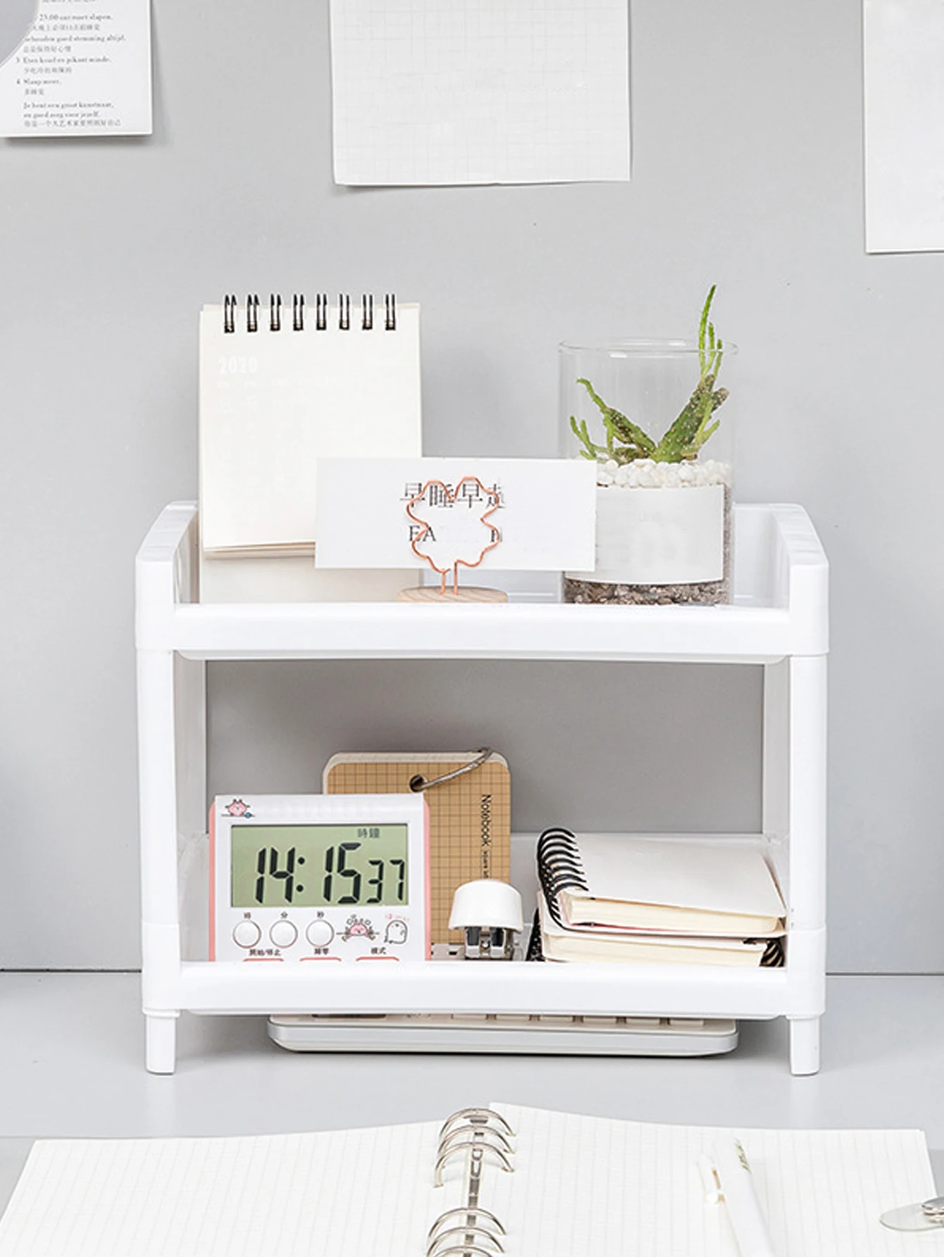 1PC PP Desktop Double Layer Storage Rack Rectangular White Organizing Student Desk Office Cosmetics Stationery