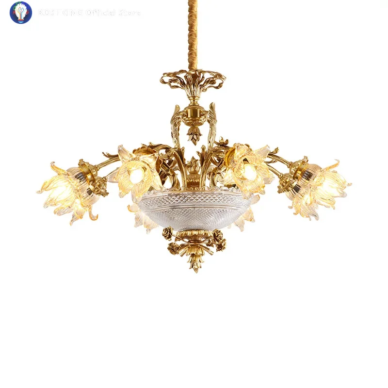 French Noble Elegant Glass Flower Decorated Living Room Led Brass Crystal Chandelier Pendant Light