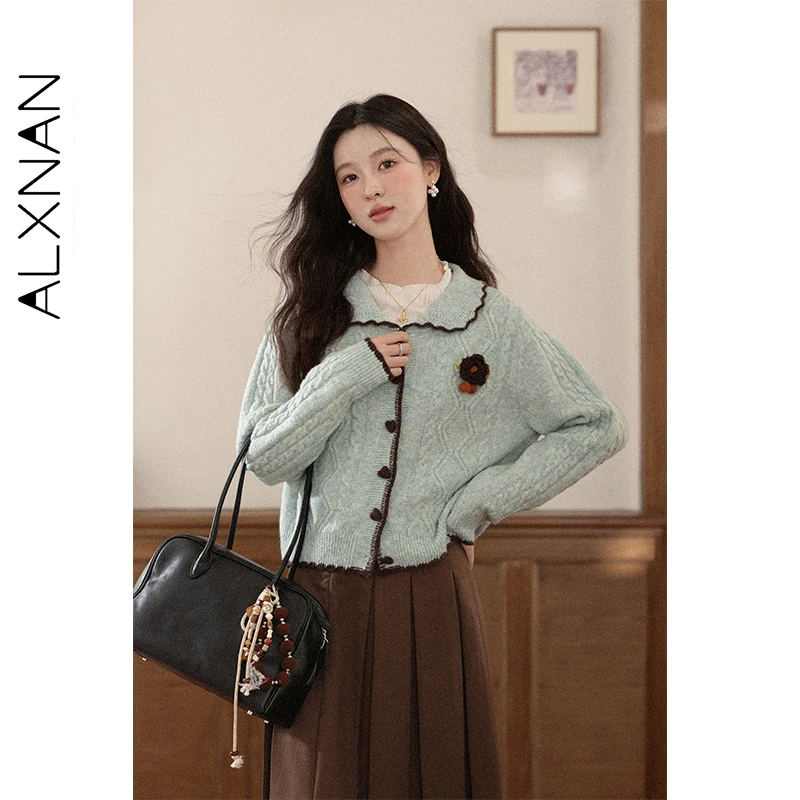

ALXNAN Short Loose Cardigans 2025 New Peter Pan Collar 3D Flower Patchwork Knitted Sweaters Autumn Versatile Soft Tops L58095