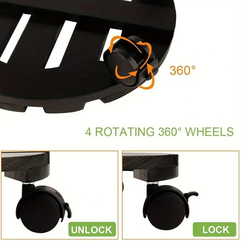 Bandeja de madeira Flowerpot para plantas em vasos, Roller Stand, Rodas rotativas bloqueáveis de 360 °