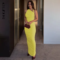 BoozRey Women's 2024 Summer New Fashion Neck-mounted Sexy Backless Pleated Split Neck Slim Long Dresses for Women Sexy Dress