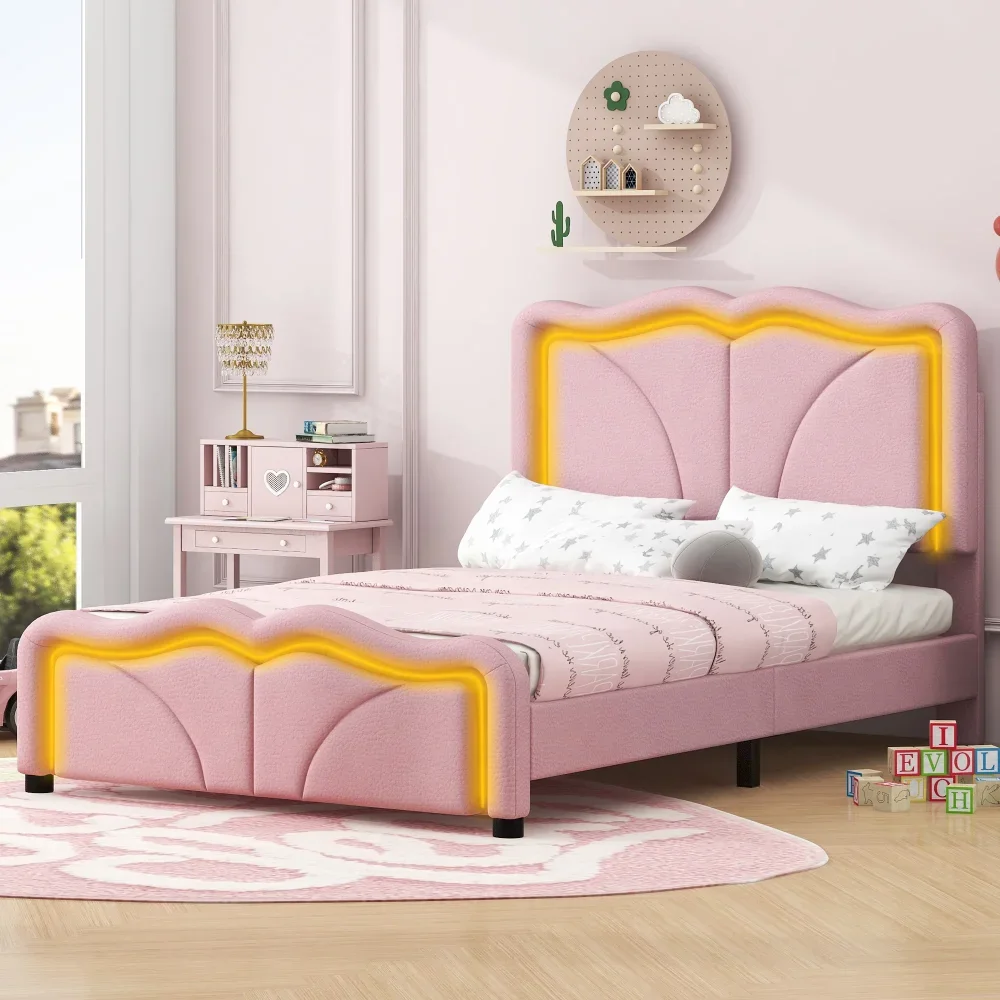 

Cartoon Bed with Adjustable Headboard and LED Light for Kids Teens Adults, No Box Spring Needed, Upholstered Twin Platform Bed