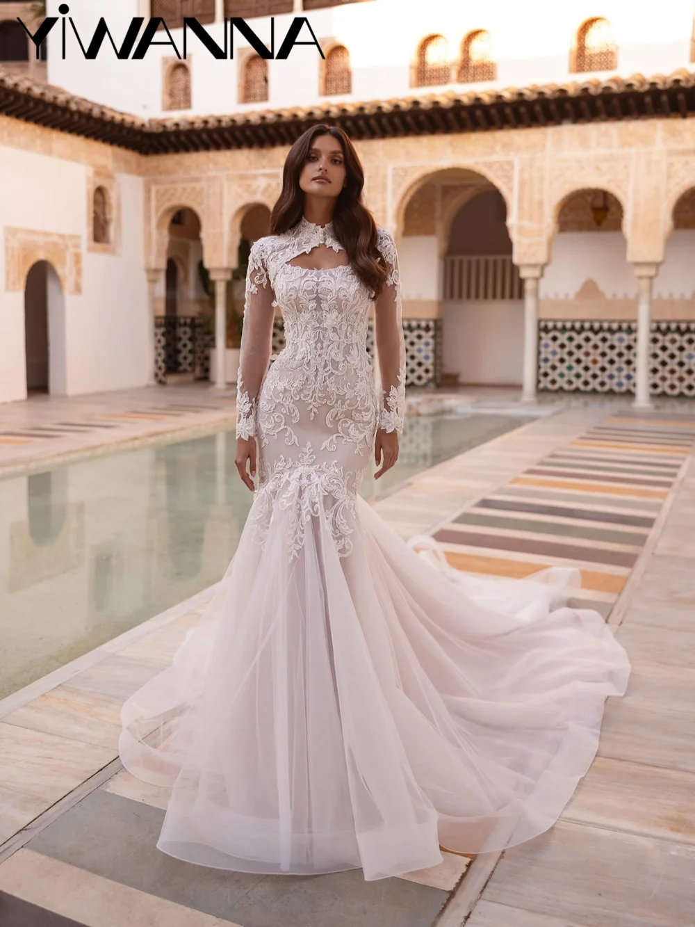 

Detachable Sleeve Beaded Wedding Dress Lace Appliques Mermaid Long Bridal Gown Customized Dreamy Strapless Dresses For Bride