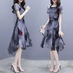 Vestidos acampanados de manga corta para mujer, ropa elegante coreana con ventilación empalmada, con estampado asimétrico, cola de milano y cuello redondo, novedad de verano 2024