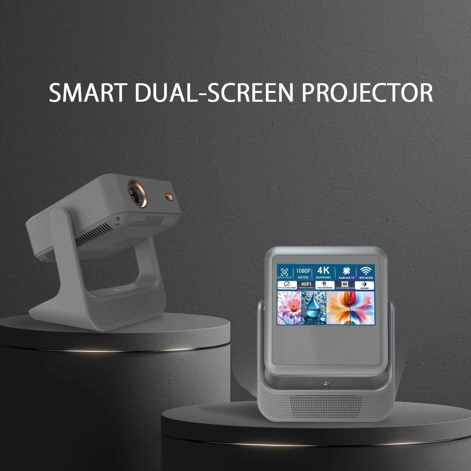 Projektor 4K 1080P, 8" Touch, kabelloses Bluetooth, Dual-Screen-Switch, HDMI USB, Heimkino-Gaming