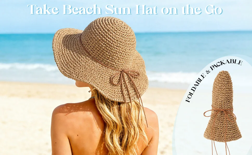 sun hats straw beach hats for women packable foldable UPF50+ sun protection wide brim adjustable