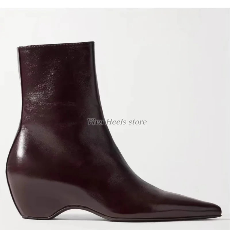 

Women's causal dress low heels comfy leather ankle boots sexy pointy toe wine red/black 2026 new in luxury designer booties