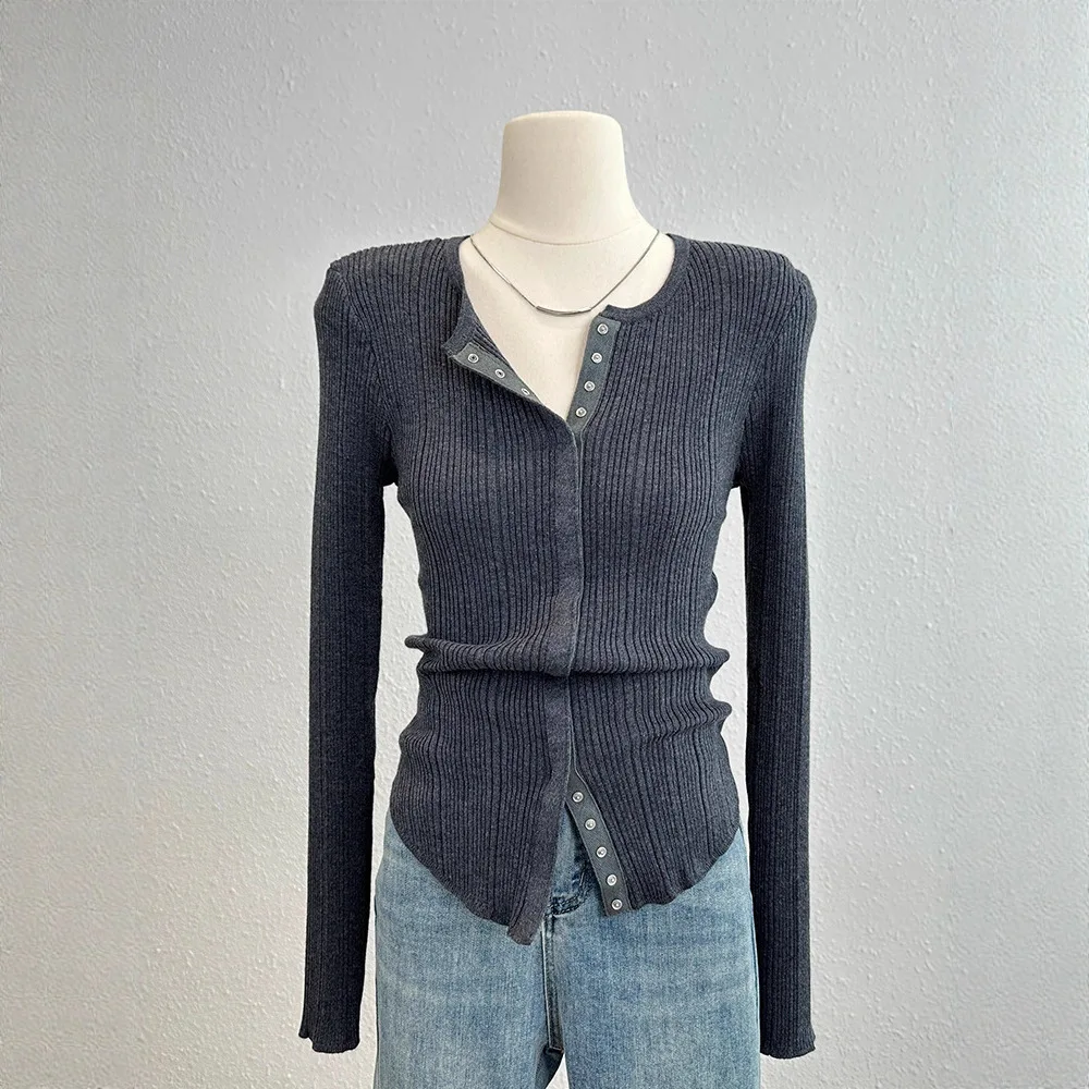 Women Premium Texture Knit Long Sleeve T Shirt Autumn Fashion Slim Fit Versatile Base Top Unique Open Front Knit Blouse Stylish 2