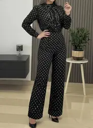 투피스 세트 여성 의상 2025 신상 물방울 무늬 프린트 스탠드 칼라 러플 스플라이스 탑 & 하이웨이스트 캐주얼 스트레이트 팬츠 세트