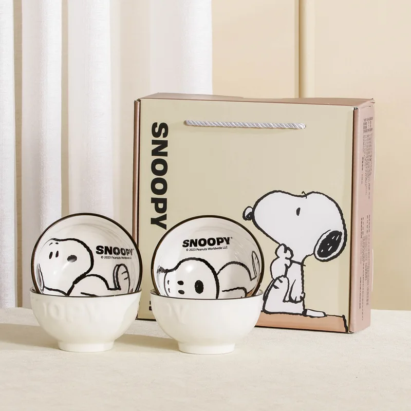 

Kawaii Snoopy Cute Cartoon Relief Couple Breakfast Bowl Ceramic Bowl Tableware Underglaze Colored Rice Bowl Household Tableware