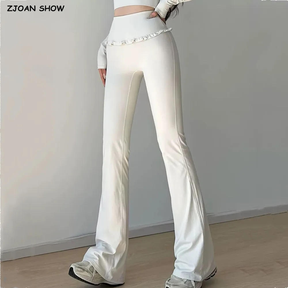 6 colors 2025 American Retro High Waist Wood ears Hips Flare Pants Woman Stretch Slim Skinny Trousers Legging Bottom White