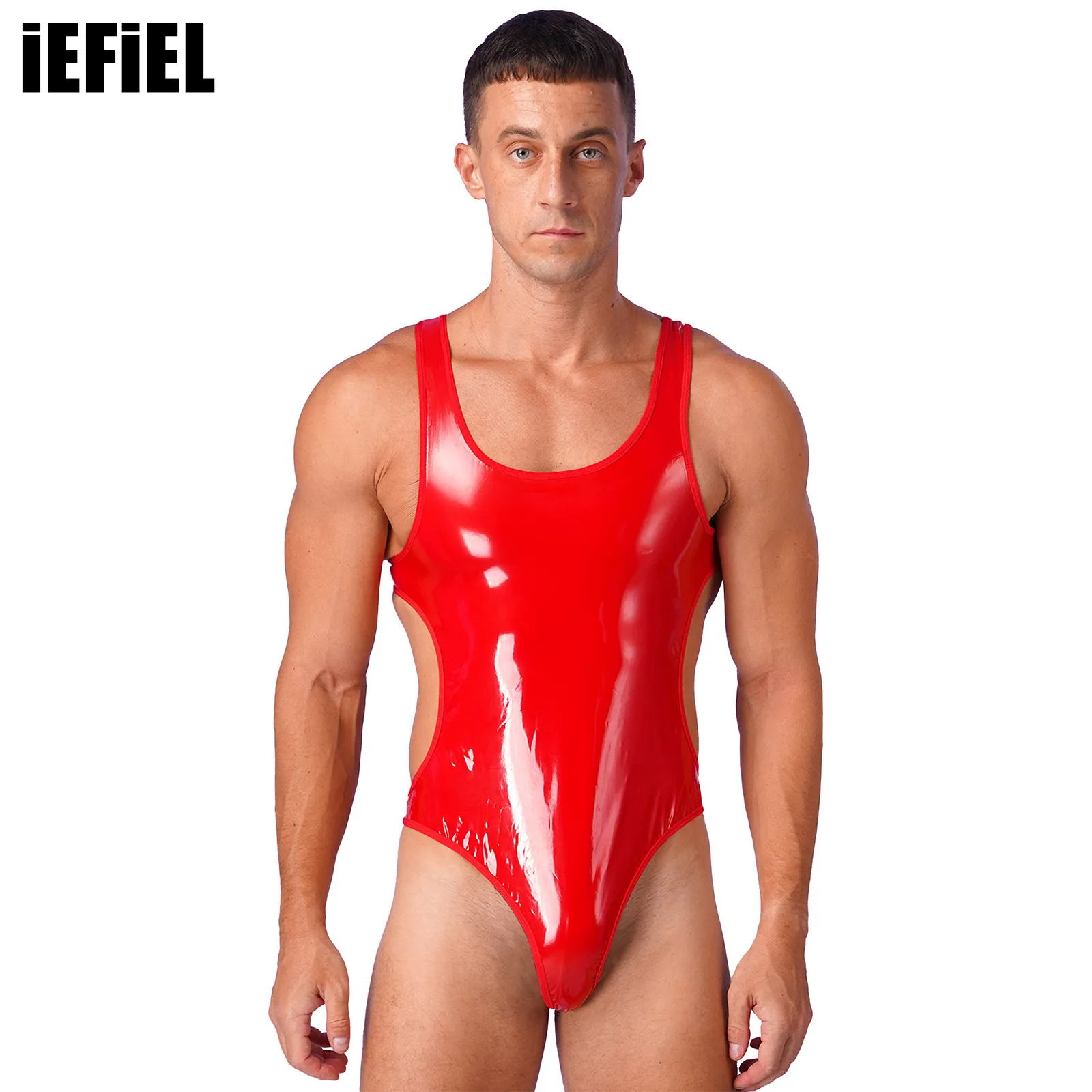 Mens One-Piece Swimsuit Pool Party Swimwear Wet Look Patent Leather Bodysuit Open Back U Neck Sleeveless Jumpsuit