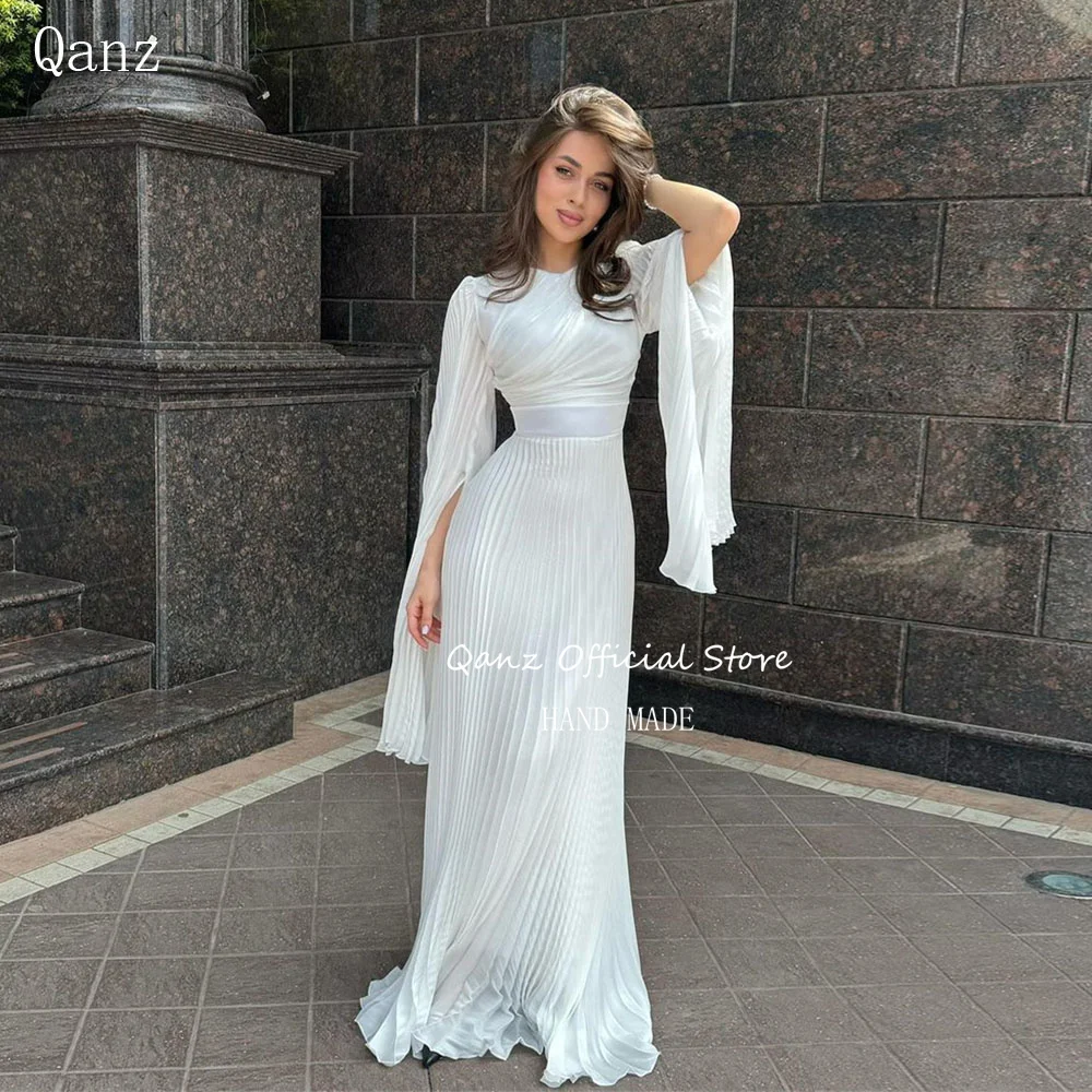 

Qanz Elegant White Evening Dresses Mermaid Cap Sleeves Pleat Abendkleider Für Hochzeit O Neck Floor Length Wedding Party Dress