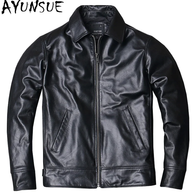 

AYUNSUE New Spring Genuine Leather Jacket Cowhide Mens Clothing Black Jackets Handsome Lapel Collar Size S-6XL Veste Homme