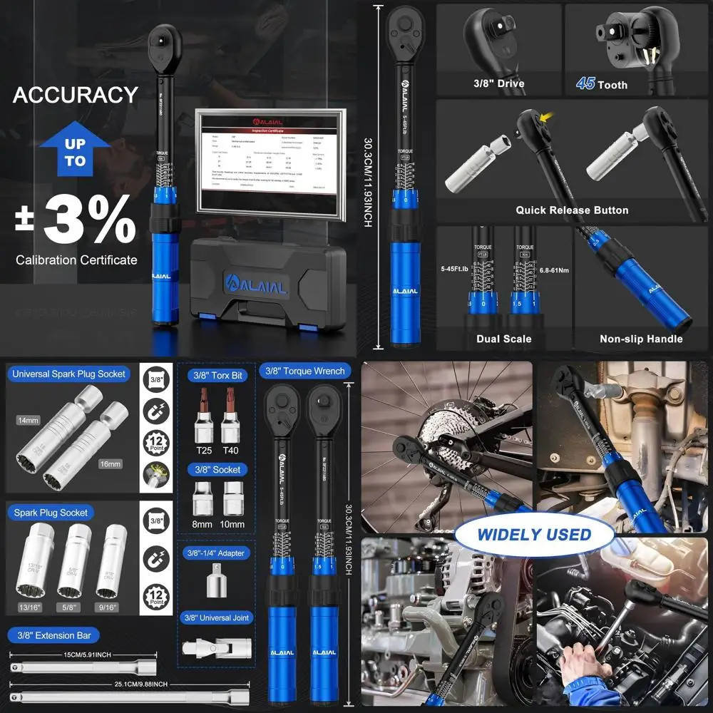

3/8 Inch Drive Magnetic Spark Plug Socket Set with Click Torque Wrench 5-45FT.LB/6.8-61Nm, 14PCS Swivel Spark Plug Socket, Unive