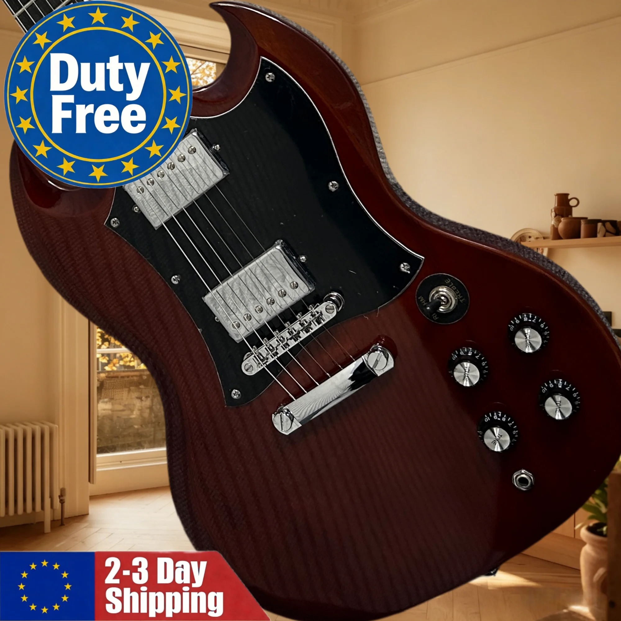 Deutsches Lager: Rote Gitarre mit Palisander-Griffbrett und HH-Tonabnehmern – Ideal für vielseitige Auftritte