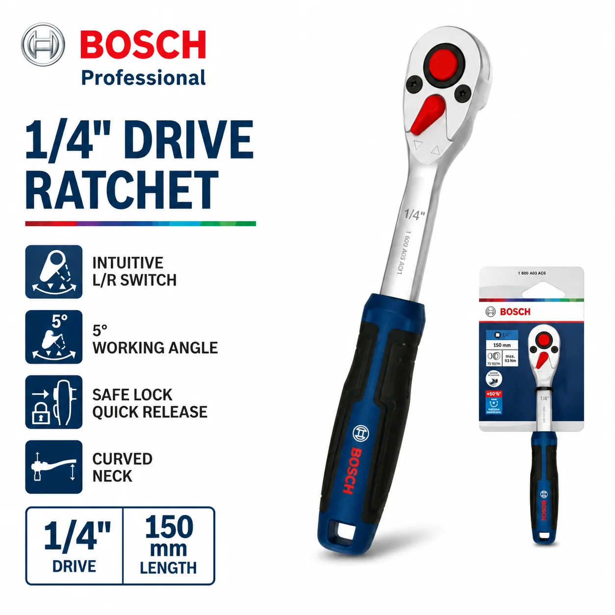 BOSCH 1/4 1/2 Inch 72 Tooth Ratchet Wrench Quick Release Socket Wrench Reversible Ratchet Handle Hand Tool for Auto Repair