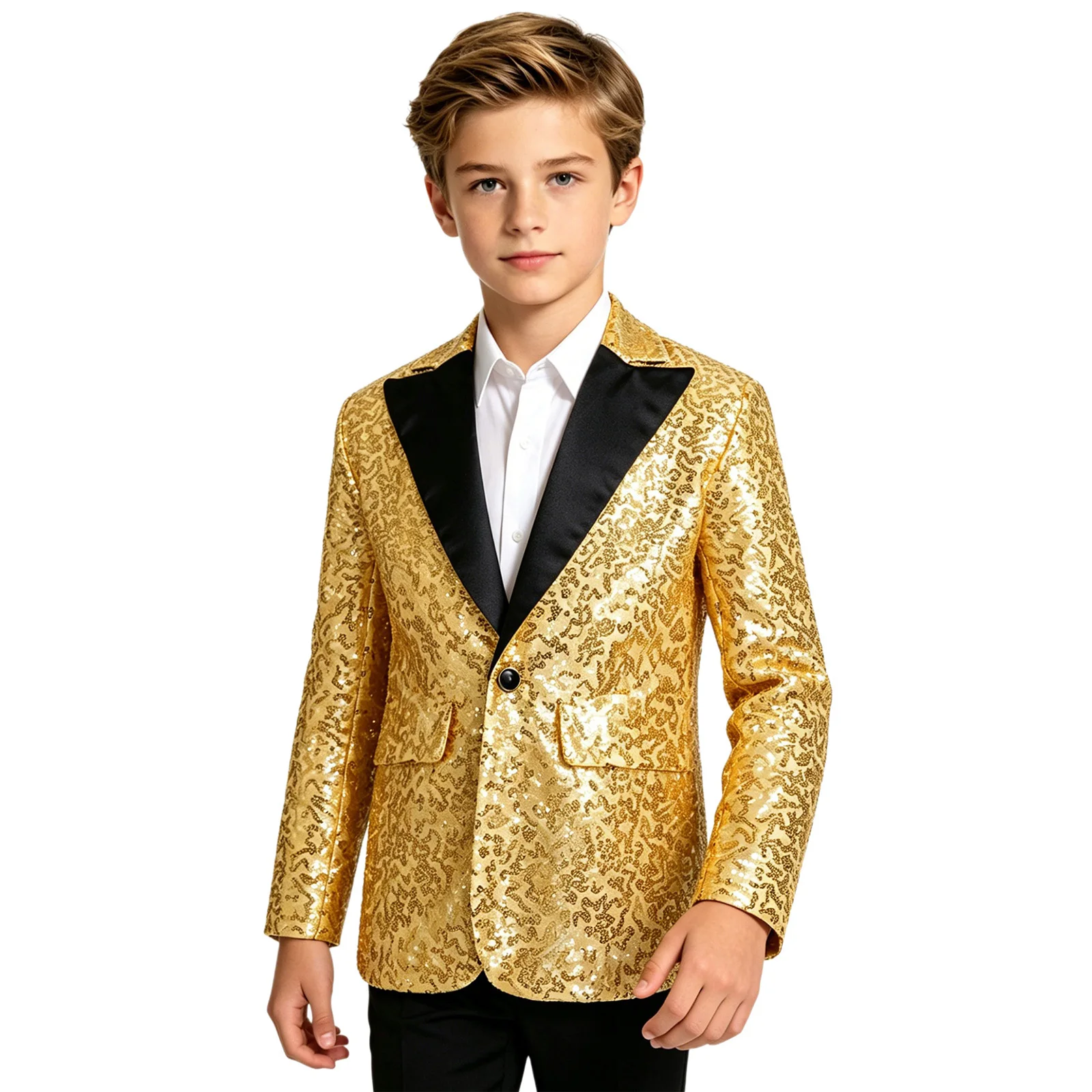 Kinder Jungen Jazz Dance Oberteile Performance Kostüm Glänzende Pailletten Glitzer Revers Einknopf-Anzugjacke Blazer Festival Smoking Jacke – Detail 4