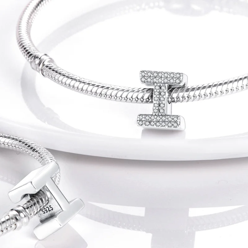 925 Sterling Silver 26 English Letters Charms Pendant Sparkling CZ Zircon Dangle For 3mm Bracelet DIY Birthday Jewelry Gift image 6