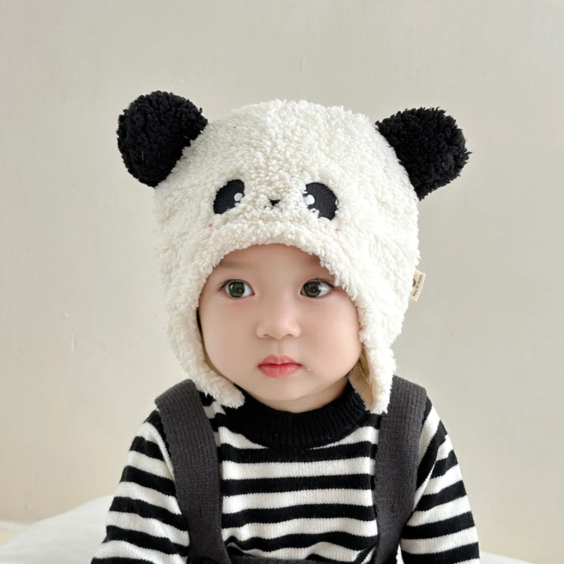 Autumn Winter Thicken Baby Ear Protection Hats Cartoon Panda Kids Boys Girls Artificial Lambwool Soft Warm Children Caps