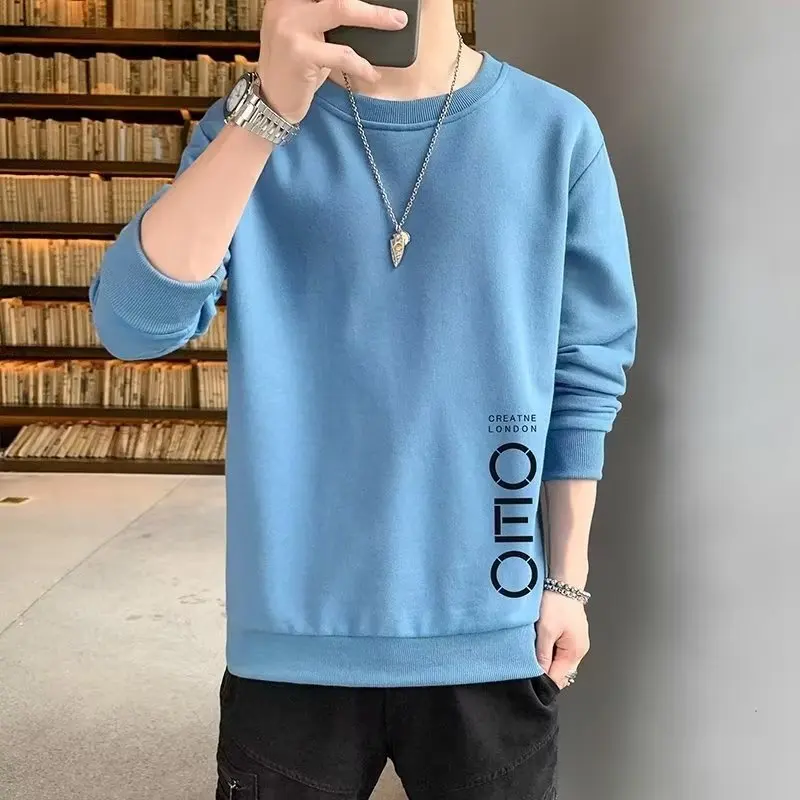 

2024 Men Solid Color Print Sweatshirts Male Oversized Hoodies Streetwear Korean Pullovers Casual Loose Hoodies O-Neck Tops