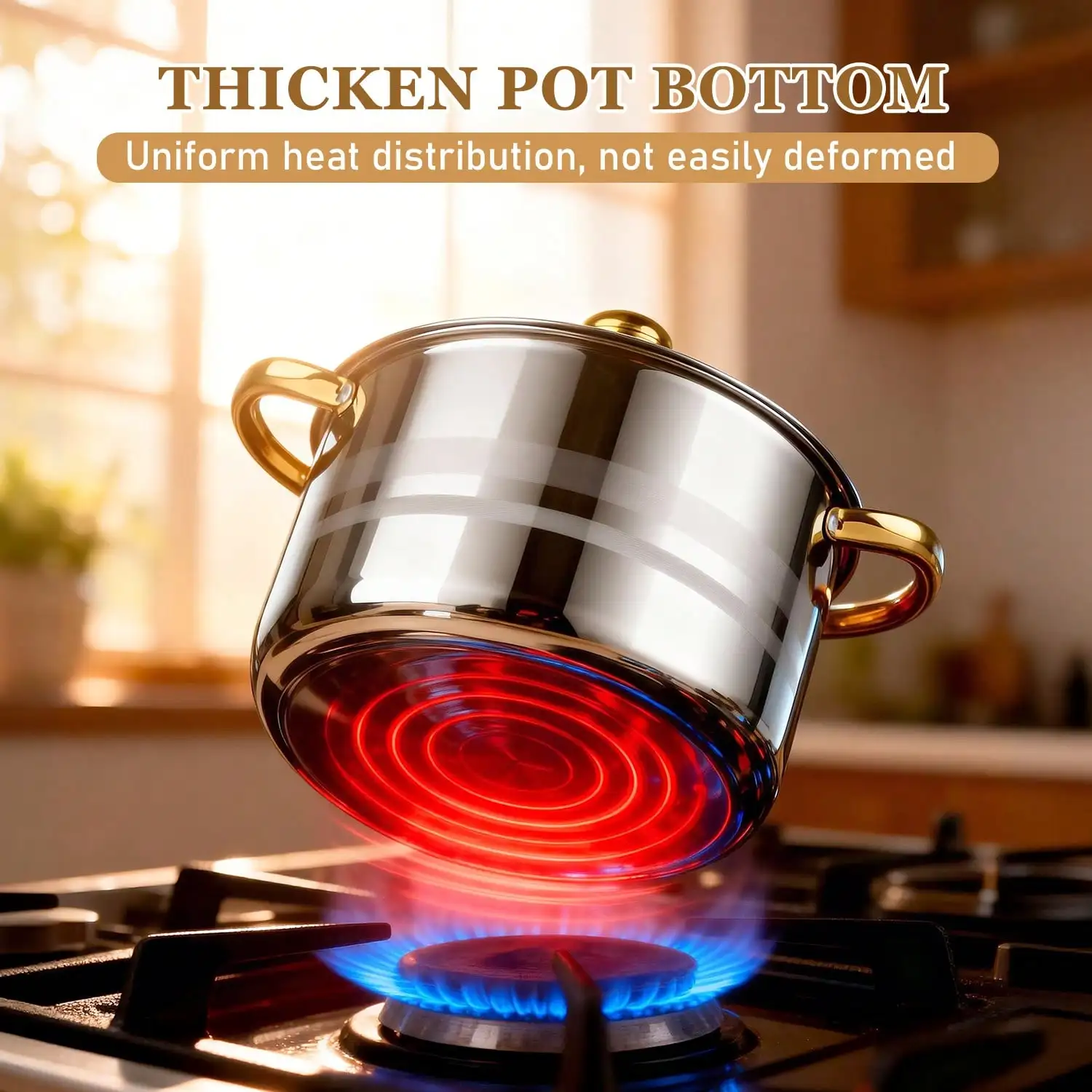 Stainless Steel Pot Set Modern Luxury Cookware Stock Pot Set Silver Body Gold Handles 10 Pcs Set 5 Pots 5 Lids Multi Size Deep Stock Pot For Home Kitchen Restaurant Cooking Soup Noodles Hot Pot Pasta view 6