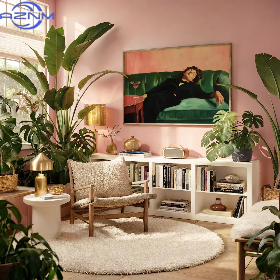 AZNM Woman on Couch with Martini | Soft Tonal Oil Painting | Cocktail Art Bar Cart Decor | Aesthetic Oil Painting Gift | Trendy