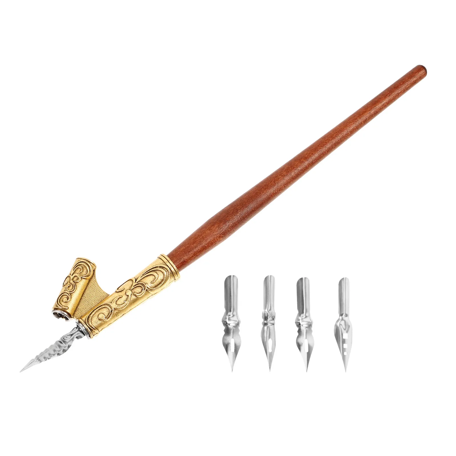 1Set Premium Solid Wood Calligraphy Dip Pen with Comfort Bent Tip Stainless Steel Nib and Stable Irregular Rod for Drawing