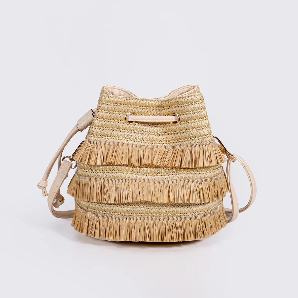 Lafite Straw Drawstring Bag Summer New Knitted Crossbody Bag Mini Bucket Bag Straw Woven Shoulder Bag