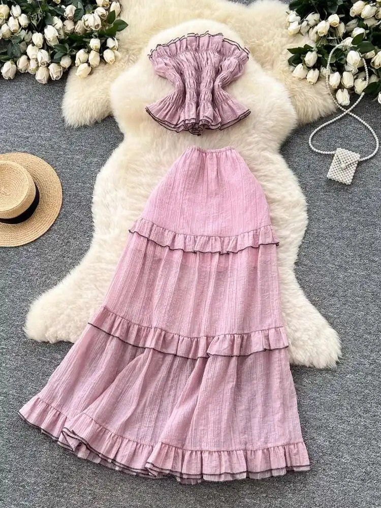 

Women Sexy Two Piece Sets Summer Sleeveless Strapless Vest+high Waisted Black Fungus Edge A-line Long Skirt Boho Outfits