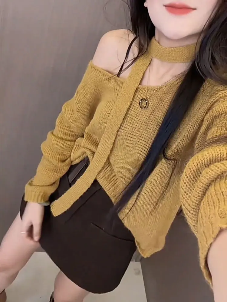 Korean Style Loose Knitted Shirt Women's Early Autumn Shoulder Bared Draped Top Casual Simple Breathable Lightweight Fashion