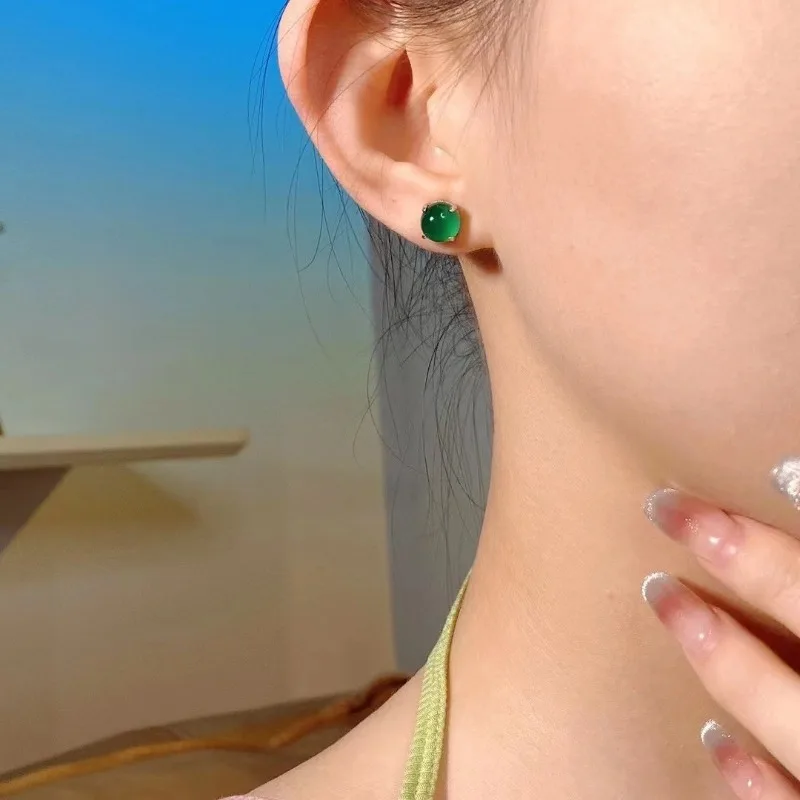 Anting-anting kancing kalsedon hijau es, model wanita modis dan sederhana