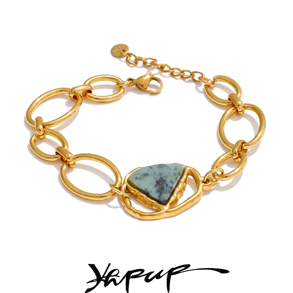 Yhpup Edelstahl Naturstein Mode Kette Armband Armreif Frankreich PVD vergoldet hochwertige Sommer Handgelenk Charm Schmuck