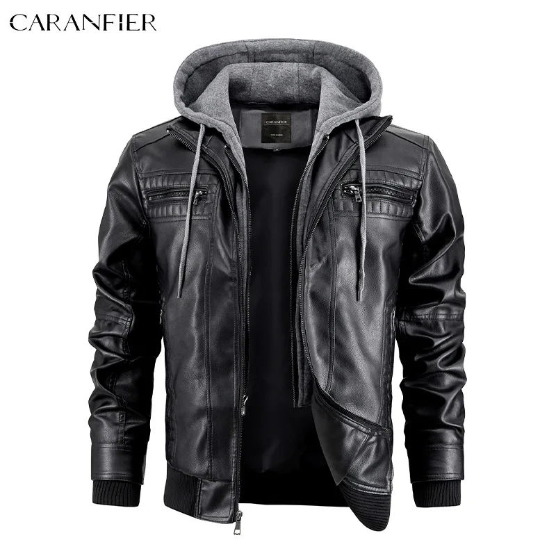CARANFIER Men PU Leather Jacket Male Moto Biker Hooded Luxury Coats Clothing Faux Vintage Outerwear Chaqueta Hombre Dropshipping