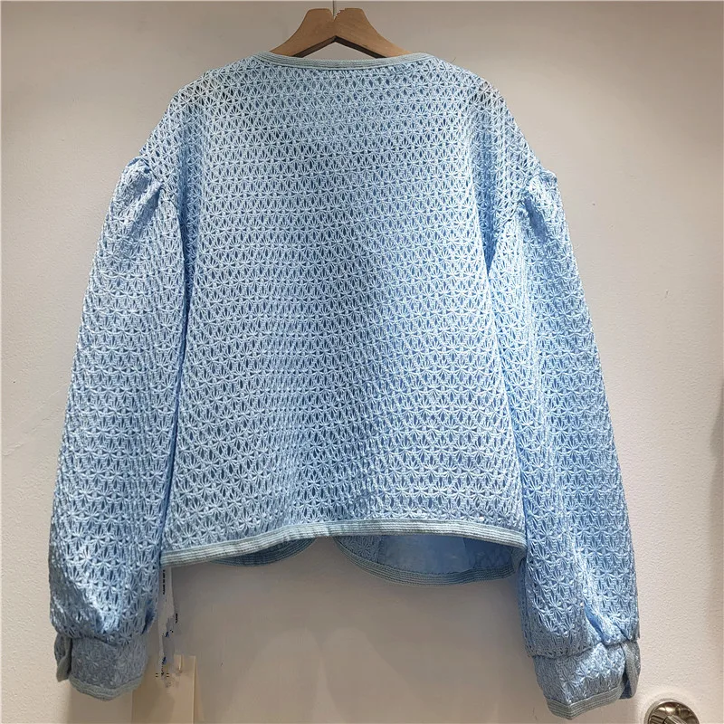 HKSH Women Coat Three-Dimensional Floral Patchwork Hollow Out Designs Loose O-Neck Lantern Sleeve Solid Color Knit Coats HK25486