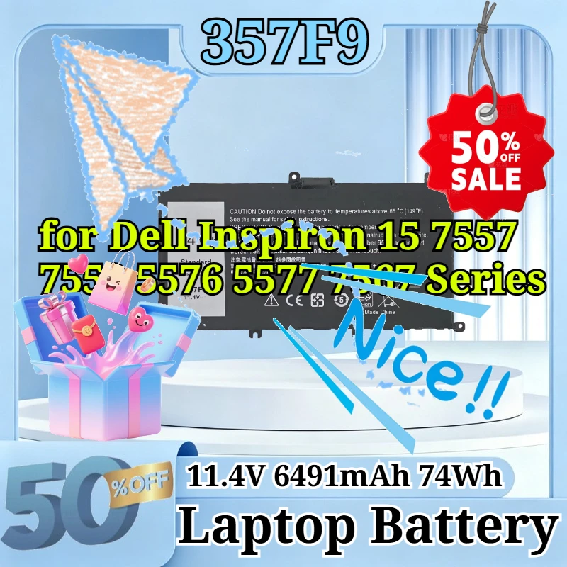 357F9 11.4V 6491mAh 74Wh High Capacity Li-ion Replacement Laptop Battery for Dell Inspiron 15 7557 7559 5576 5577 7567 Series