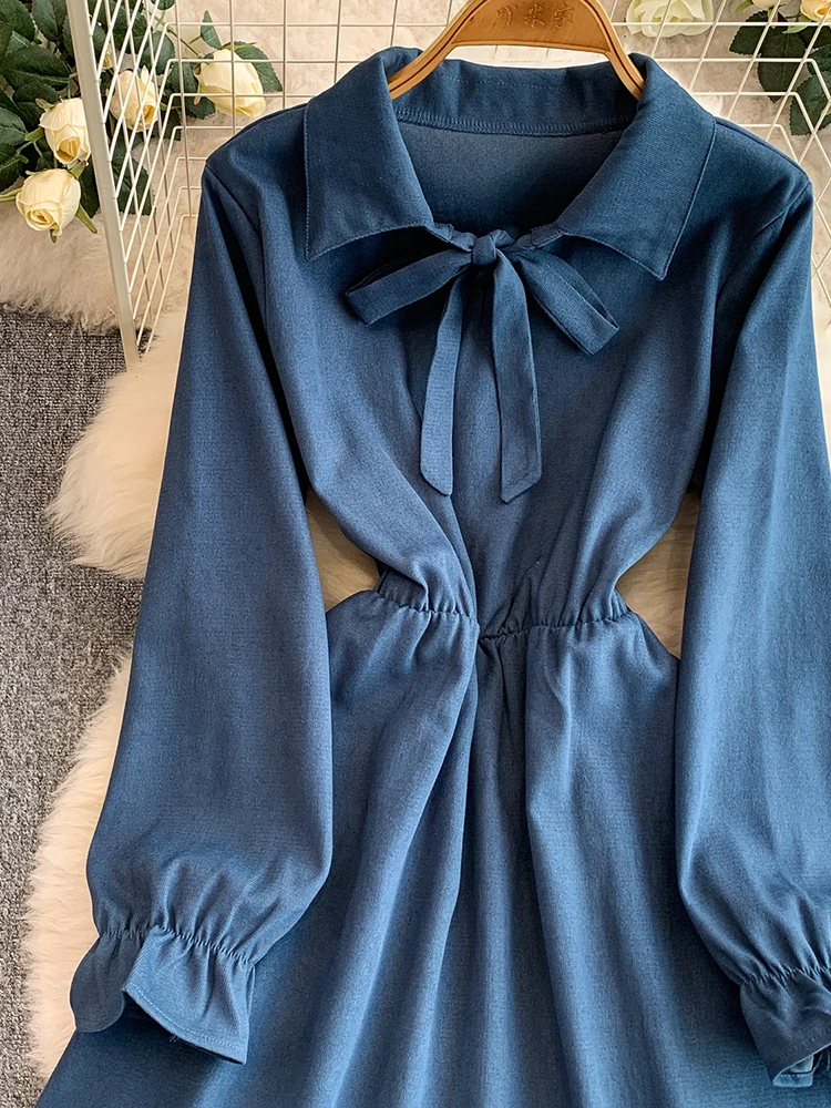 المرأة قميص فستان النمط الفرنسي الدانتيل يصل التلبيب فستان الخريف الشتاء حزام مطاط بسيط الصلبة منتصف طول فستان الإناث DS243