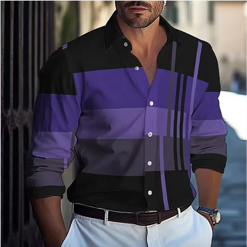 Camisa con estampado 3D para hombre, camisa informal de negocios a rayas de manga larga con solapa, cómoda y elegante, para primavera y verano, novedad de 2024