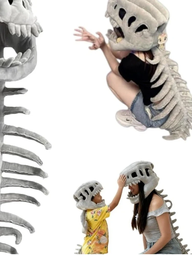 80/120 cm Pluszowa czapka w kształcie szkieletu dinozaura, egzoszkielet T-Rexa, zabawna, nietypowa nakrywka głowy na imprezę, do cosplayu, prezent dla dorosłych. — 2