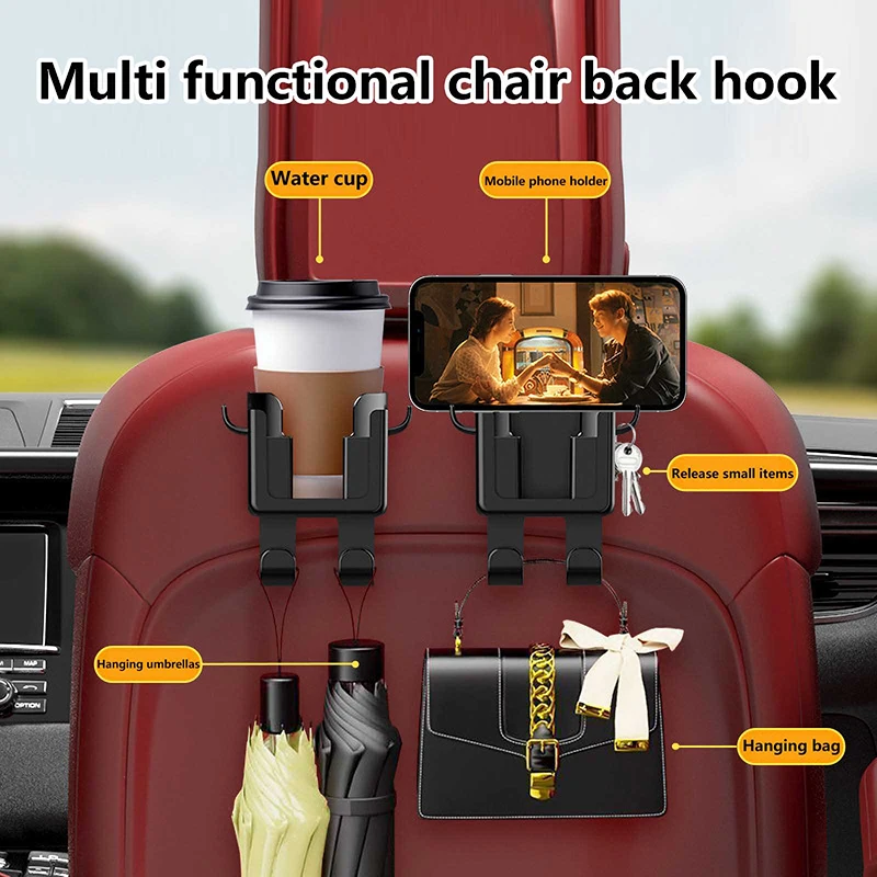 1Pc Car Seat Headrest Hook Hanger Organizer With Cup Holder Phone Holder For Handbag Fit Universal Car Accessories