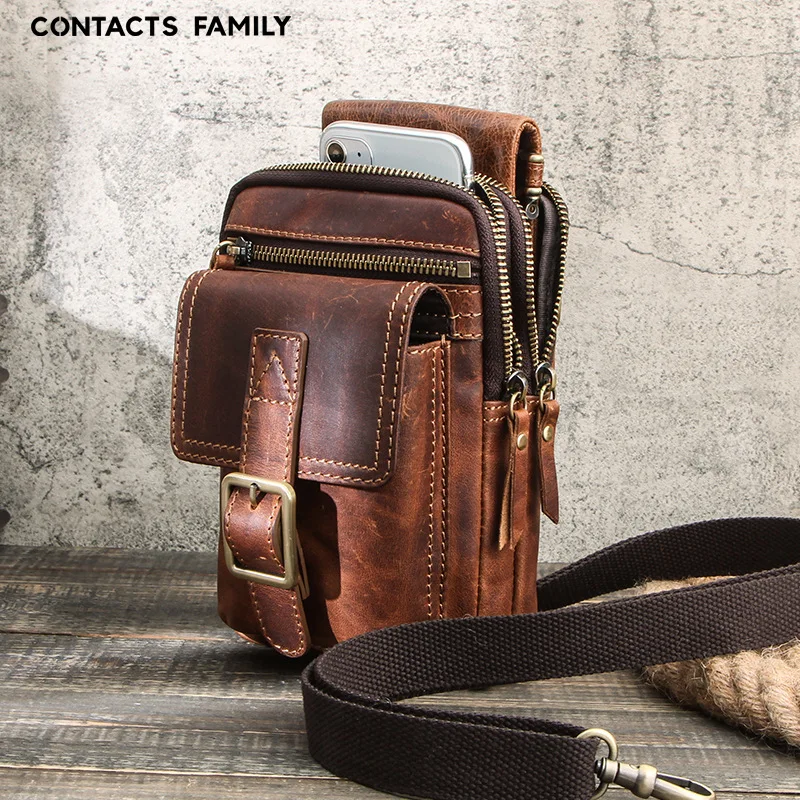 Retro genuine leather mobile phone storage waist-hung wallet multi-pocket crossbody bag travel multi-functional zipper waist bag