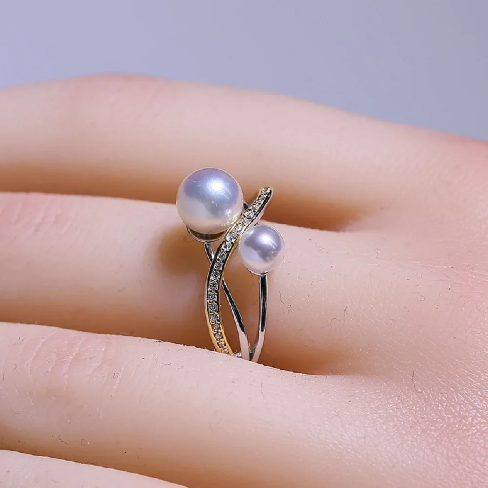 

Изысканное и элегантное кольцо с двойным жемчугом AAA5-7 мм, открытое кольцо из натурального японского белого жемчуга 925s