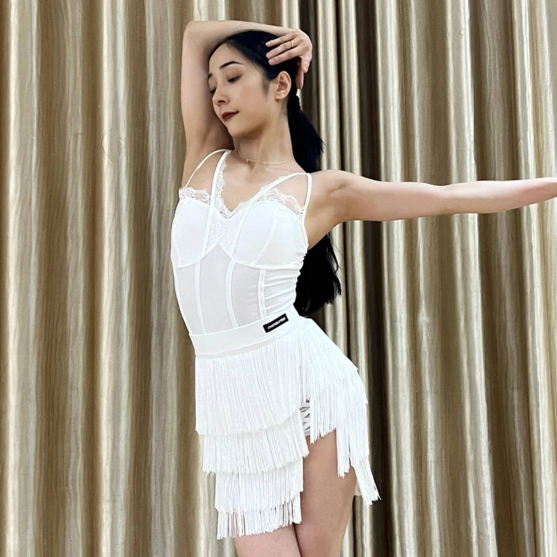 White Latin Dance Clothes Suspender Bodsyuit Tassel Skirt Women Rumba Cha Cha Samba Dance Practice Wear Competition Dress L16856