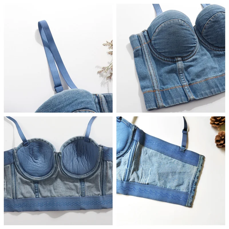 Women Denim Corset Bras Sexy Sleeveless Crop Tops Summer Slim Padded Bra Short Camisole Slight Elastic Tube Tops Lady Underwear