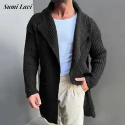 2025 Spring Trendy Mens Sweater Jacket Coat Vintage Pockets Turn-down Collar Knitting Coats Men Casual Solid Color Sweatercoats