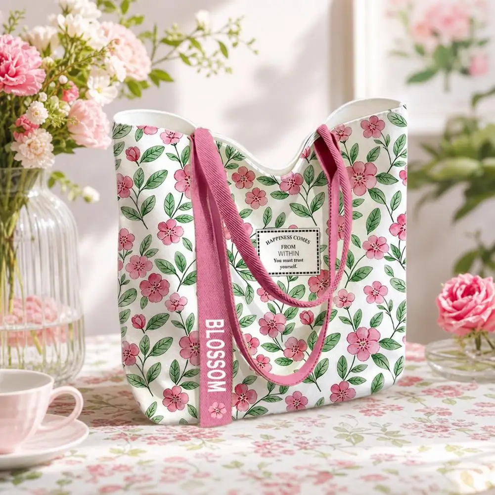 Pink Floral Canvas Tote Bag Aesthetic Blossom Pattern Casual Shoulder Shopping Handbag for College Students and Office Workers